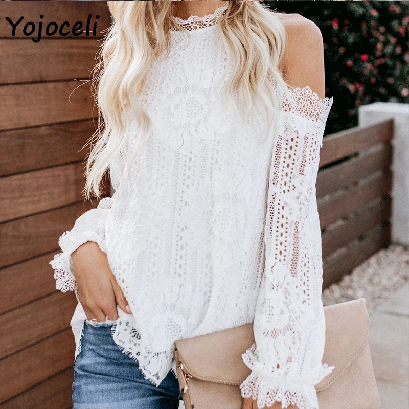 Женская кружевная блузка Yojoceli Пляжная с длинным рукавом и холодным плечом