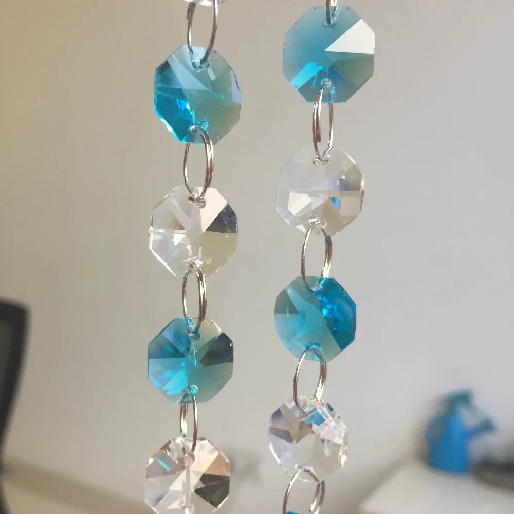 

100M/Lot 14mm Octagon beads transparent + aquamarine Chains Glass Crystal Strands crystal chandelier bead chains Decoration