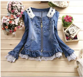 dark blue Fast Shipping Best Selling!Wholesale And Retail Ladies Lace Jeans Coat Pearl Collar Women Denim Jacket Female Cowboy Wear - Цвет: dark blue