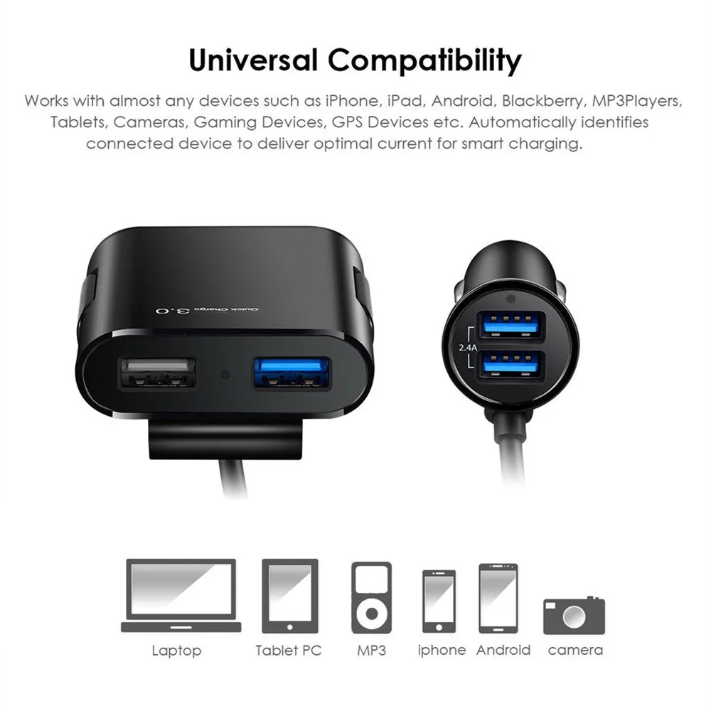 Автомобильное зарядное устройство KONGYIDE QC 3 0 для телефона на заднее сиденье Iphone