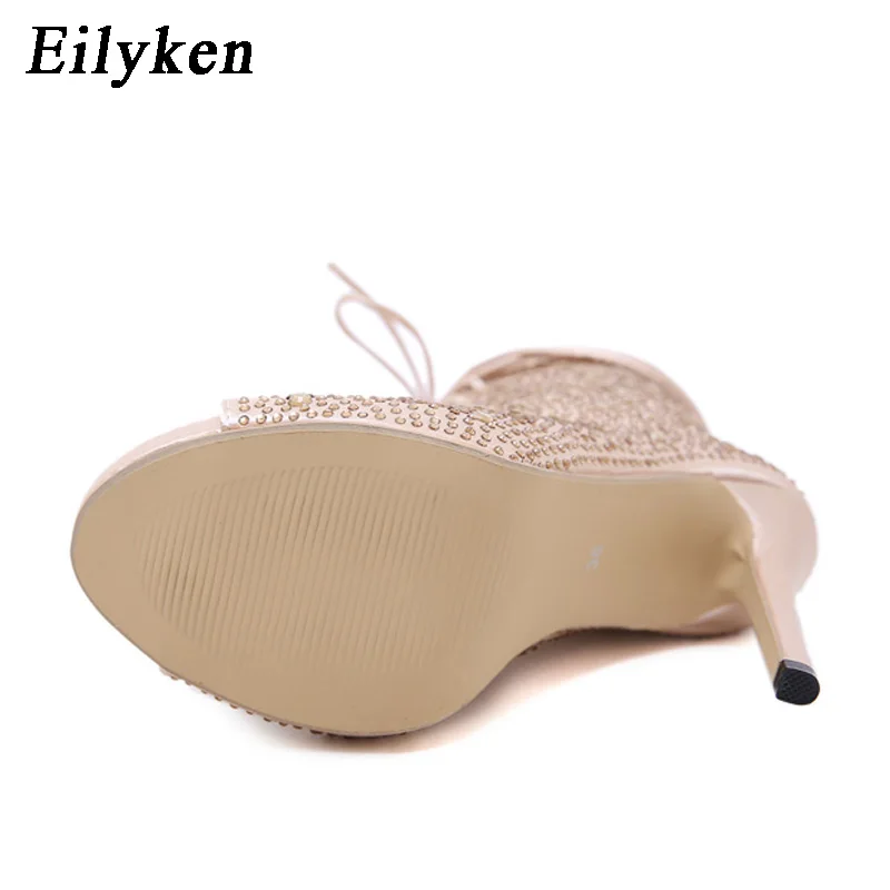Eilyken/ г. Новые пикантные шелковые узкие женские ботинки, сандалии ботильоны на шнуровке с открытым носком на высоком каблуке 12 см, размер 35-40