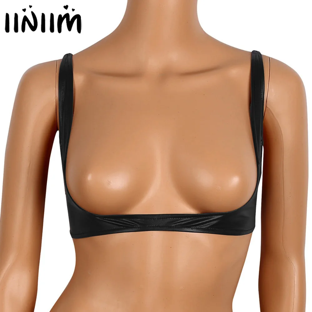 

Sexy Exotic Bras for Womens Ladies Lingerie Fashion Faux Leather Adjustable Wire-free Open Cup Shelf Bra Exposed Breasts Nipples