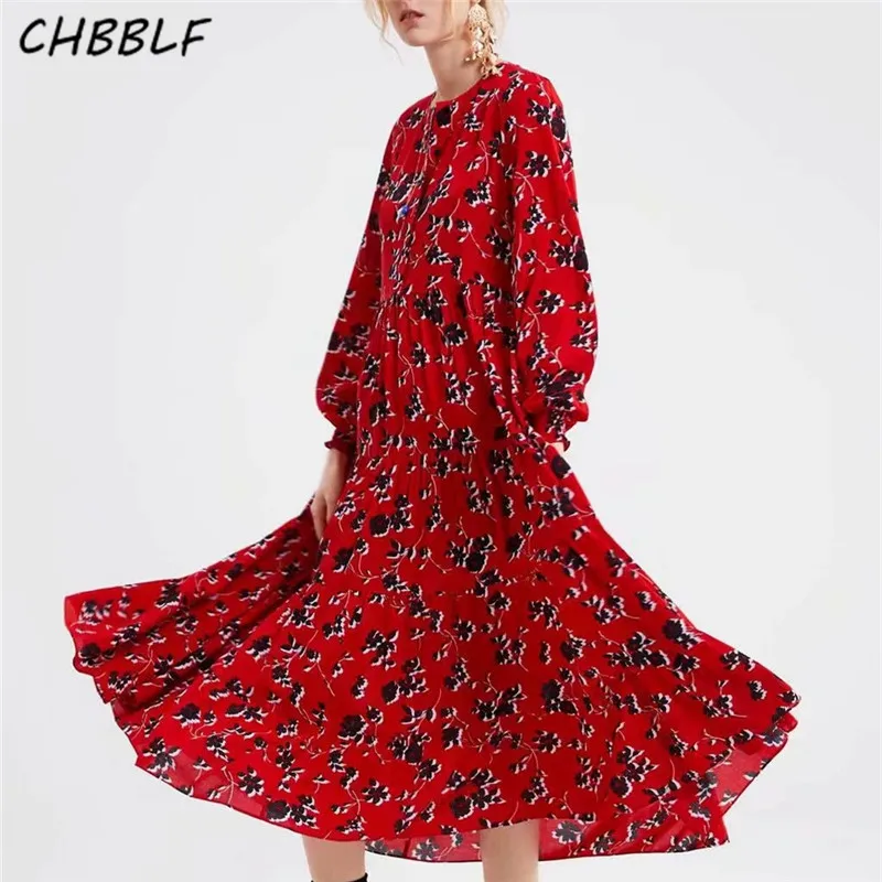 CHBBLF женское платье с цветочным принтом до середины икры красное длинным рукавом