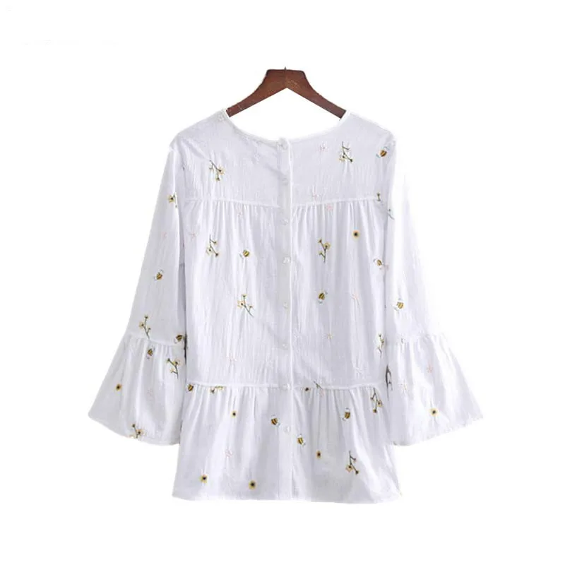 LANC CADE women sweet floral embroidery blouse flare sleeve O neck pleated shirts ladies summer chic fashion tops blusas |