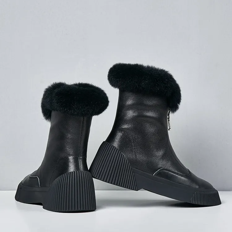 GPOKHDS women snow boots cow leather zippers winter warm wool blend round toe high heels boots