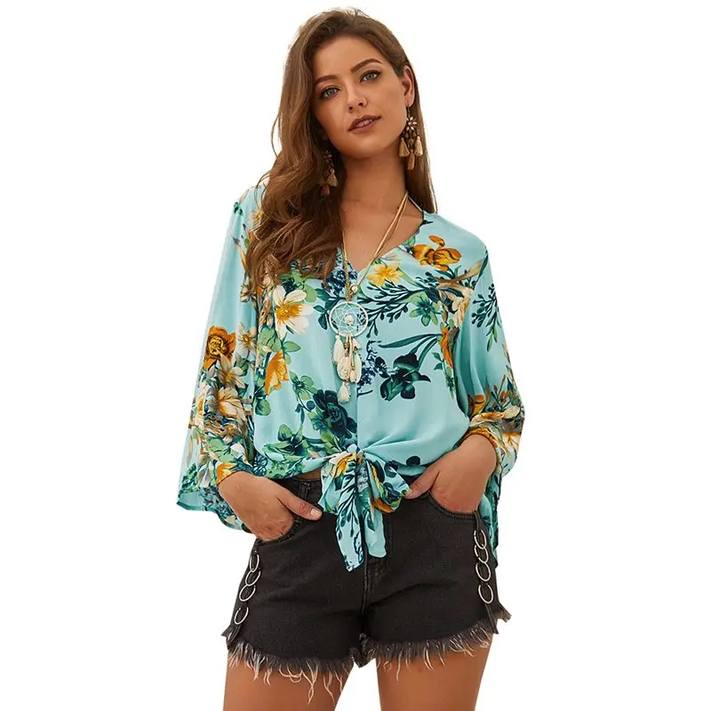 Boho пляжный топ Праздничная Повседневная Блузка женская с цветочным принтом