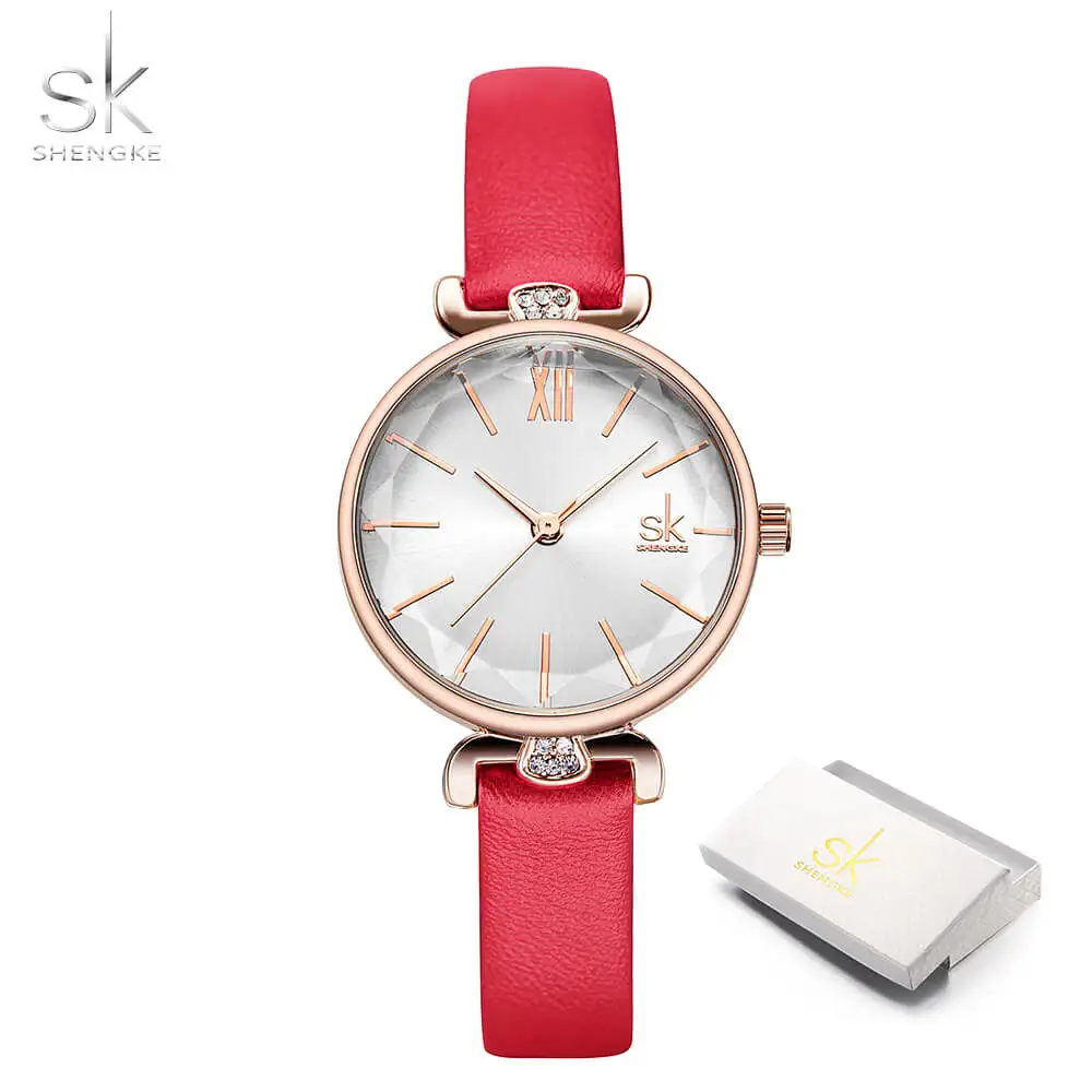 shengke Classic Casual Analog Watches Women Japanese Quartz Wristwatches Relogio Feminino Ladies Thin Leather Watch Montre Femme - Цвет: red with box