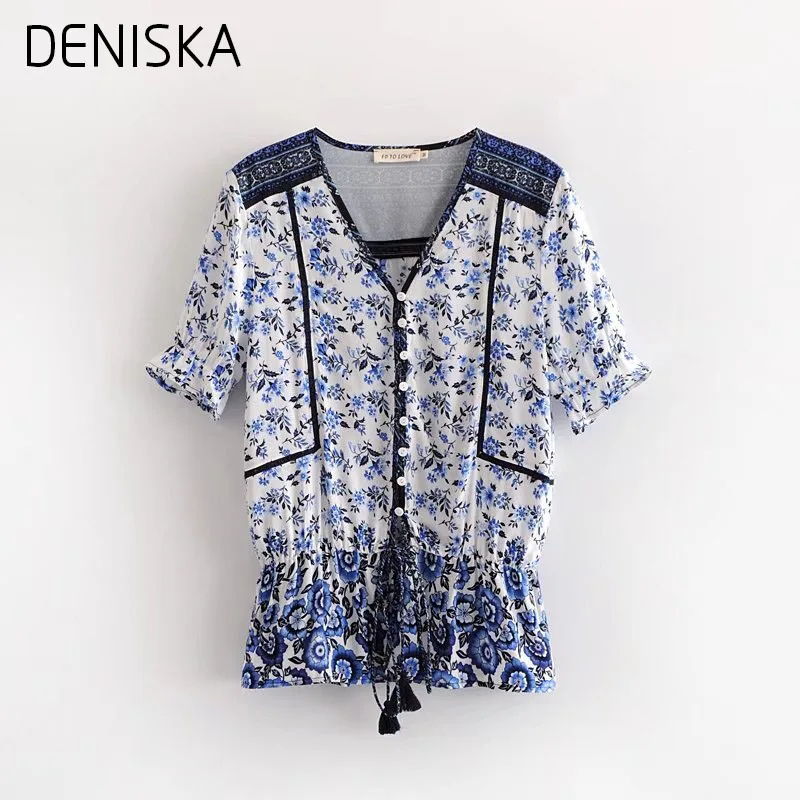 Дениска 2018 Для женщин с цветочным принтом Boho блузка Женский V шеи короткий рукав