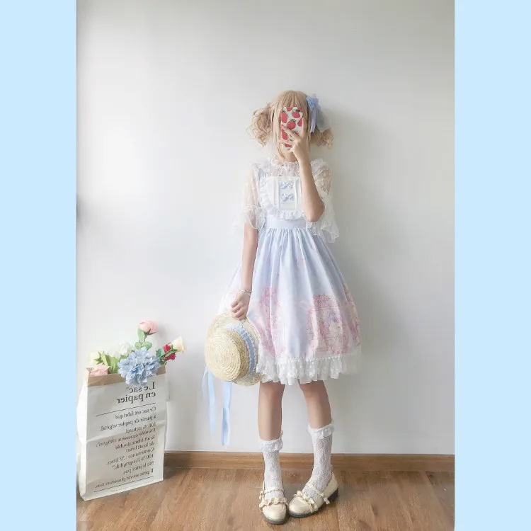 Kawaii японская Лолита АО платье женская летняя обувь мягкой сестра ветер милые с рисунком кошки с бантом в стиле «лолита» с ремешком и милым милое платье