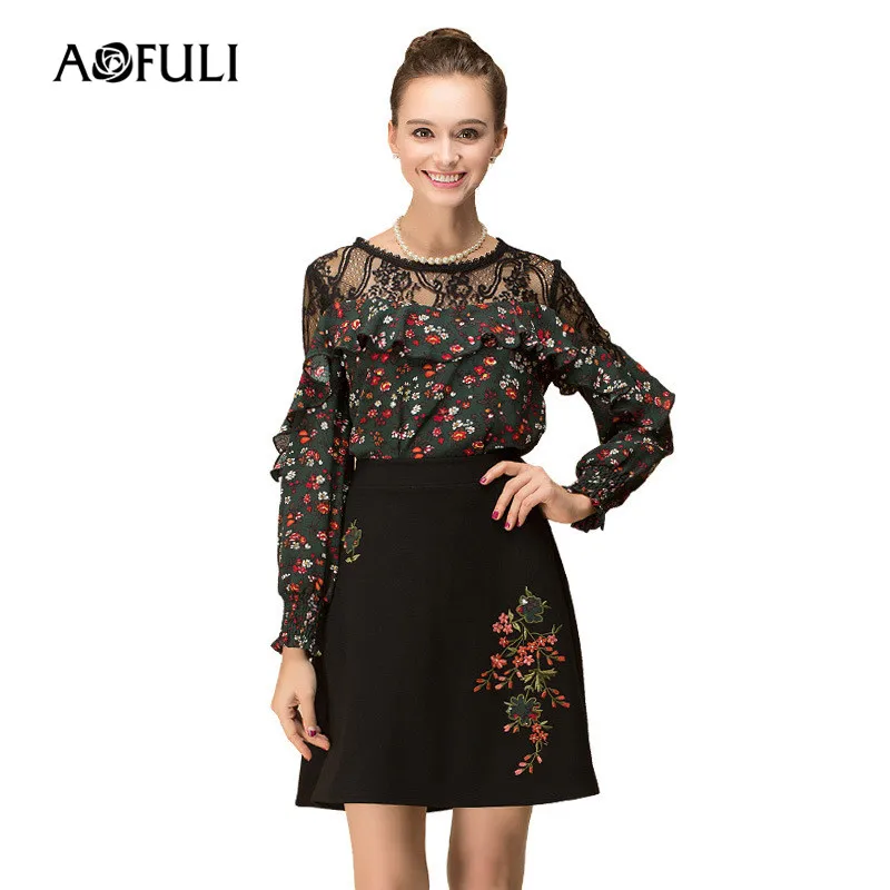 AOFULI L 3XL 4XL 5XL Плюс Размер комплект юбок 2018 весна женский длинный рукав вышивка