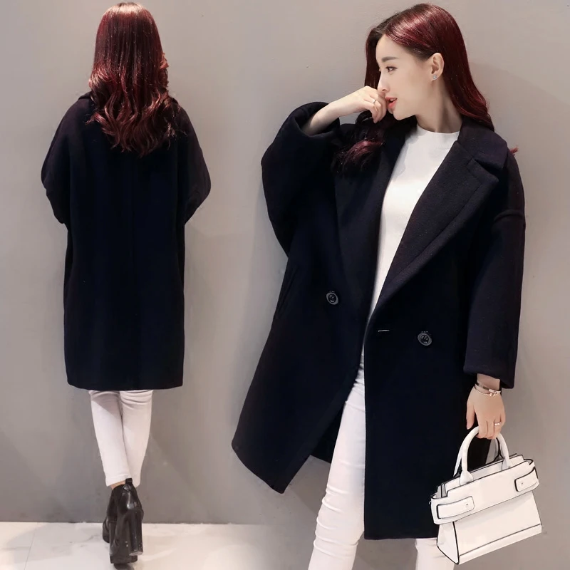 Женское шерстяное пальто-кокон свободное темно-синее пальто средней длины
