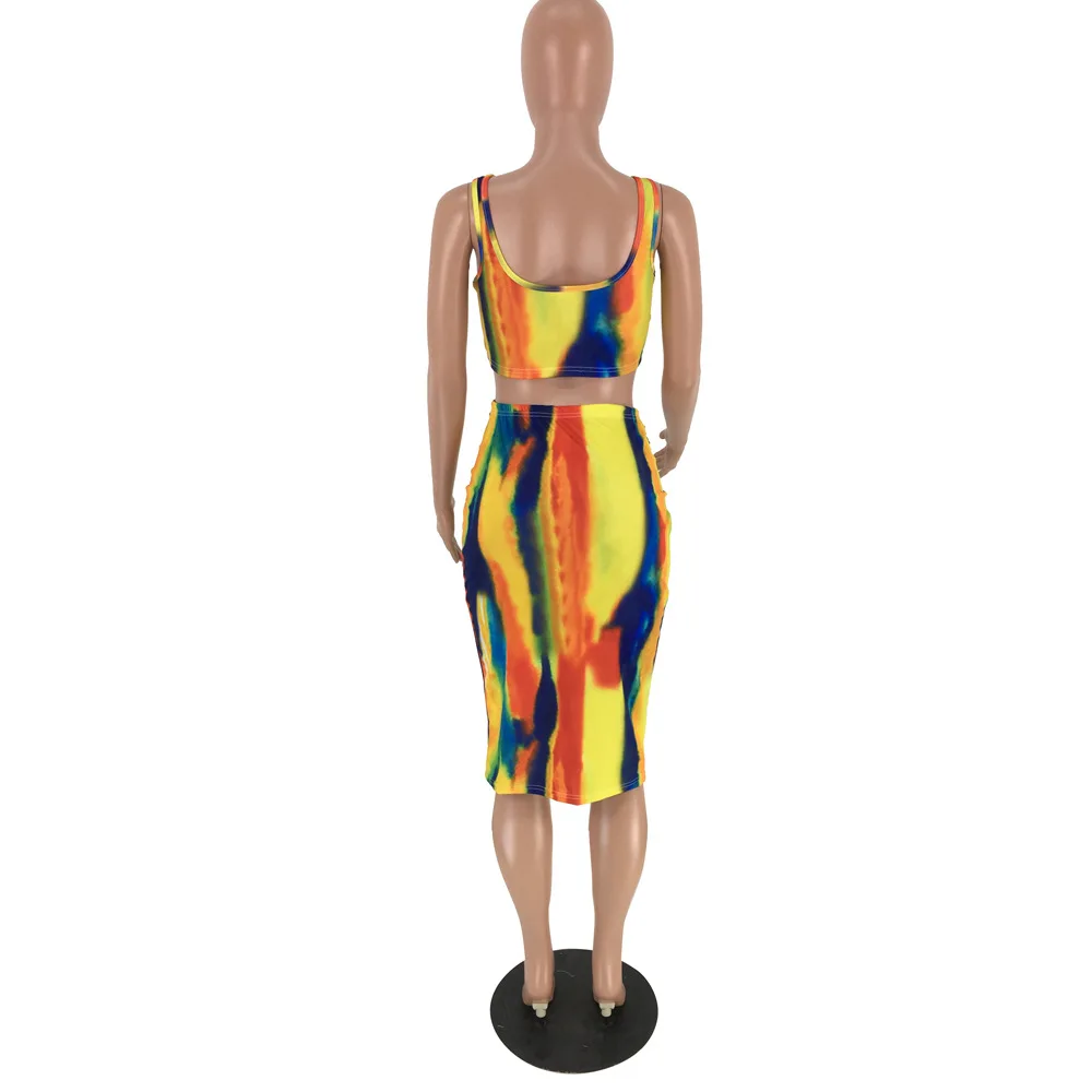 Новинка, женские летние сексуальные вечерние платья с принтом tie dye, для ночного клуба, комплект из двух предметов, облегающее платье, топ на бретелях, миди, юбка на завязках, костюм GLML7210