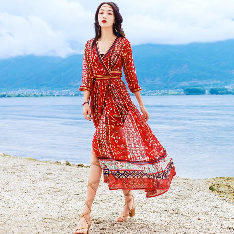 

2021 Fashion The New Lace Printing Split Vacation Beach Dress Free Shipping
