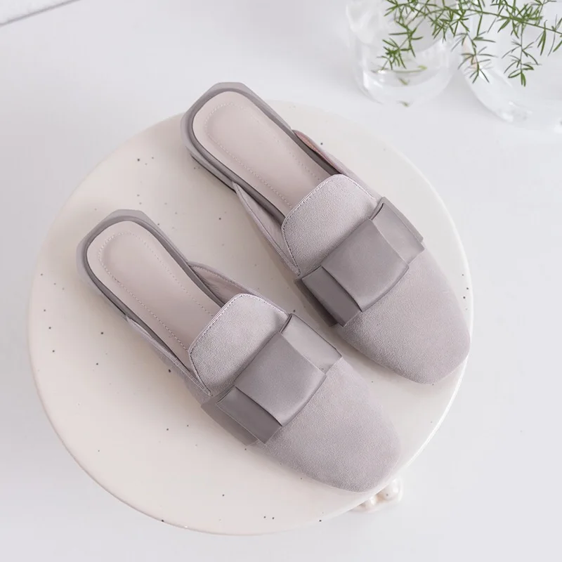 Grey Donna-in/женские туфли без шнуровки; модные шлепанцы из натуральной кожи; летние сандалии с квадратным носком; элегантная женская обувь с бантом - Цвет: Grey