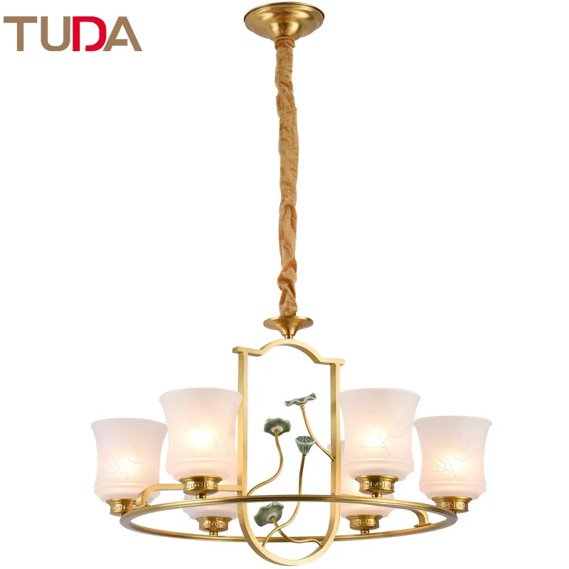 

TUDA LED Chandelier Chinese Copper Chandelier Living Room Bedroom Ceramic Frosted Glass Chandelier E27 110V 220V