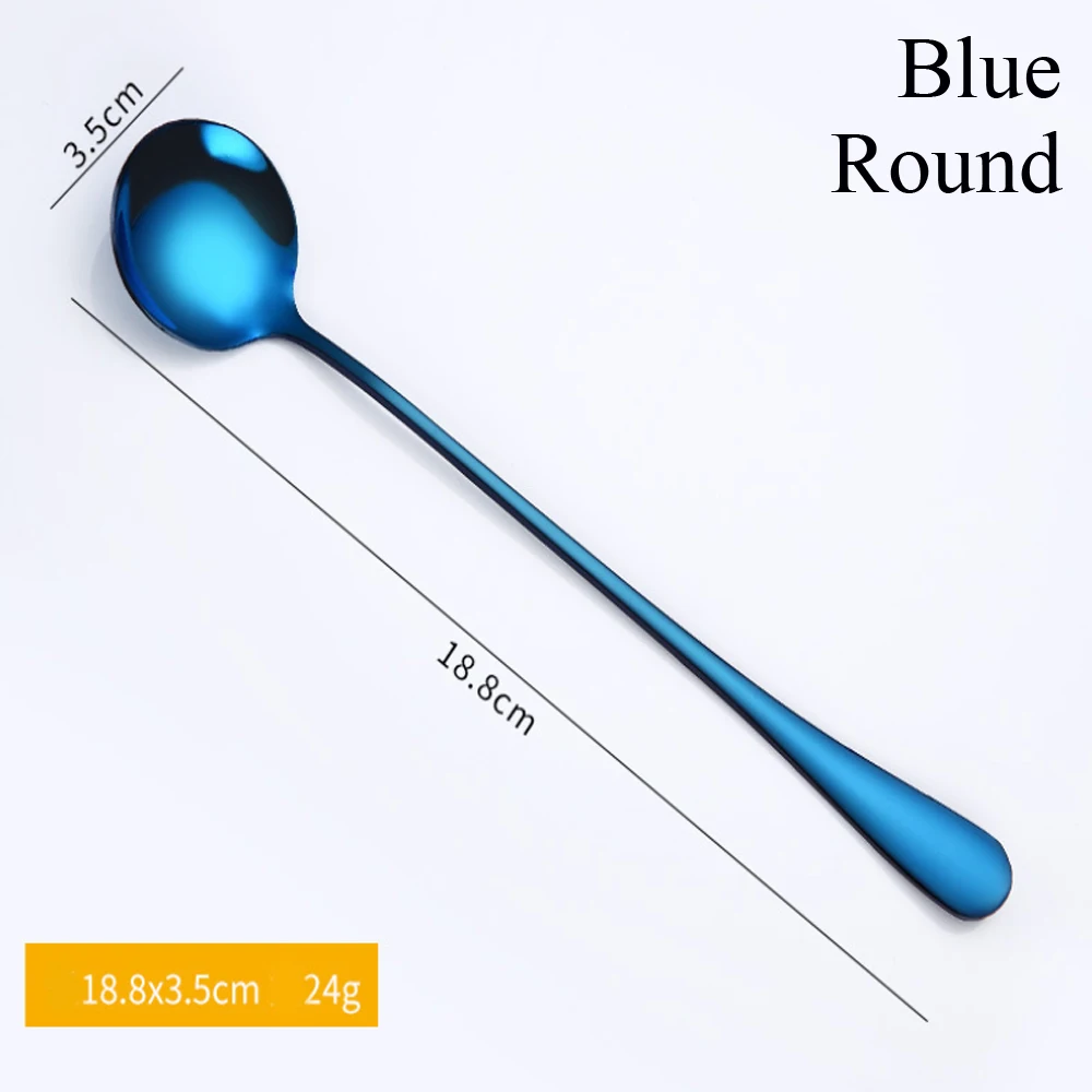 Blue(Round) 1 шт., новинка, радужная кофейная ложка из нержавеющей стали с длинной ручкой, ложка для холодных напитков, фруктов, мороженого, десерта, чайной ложка, кухонные принадлежности - Цвет: Blue(Round)