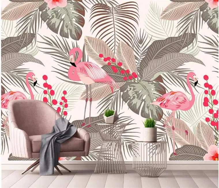 

Custom wallpaper Nordic minimalist small fresh flamingo tropical leaves TV background papel de parede papier peint