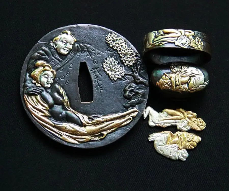 A Set tsuba Высокое качество Металлические ремесла аксессуары для мечей Tsuba Menuki Fuchi Кашира медный набор фитинги для японского самурайский меч катана DIY - Цвет: A Set tsuba