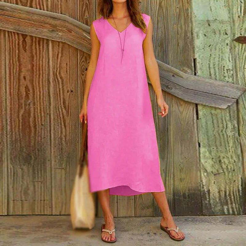2019 New Ladies Fashion Sexy V-Neck Sleeveless Solid Color Boho Beach Casual Long Shirt Dress | Женская одежда