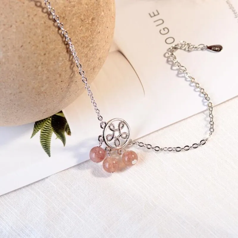 Natural Strawberry Fashion Exquisite 925 Sterling Silver Jewelry Female Pink Crystal Hollow Net Beautiful Bracelets SB108 | Украшения и