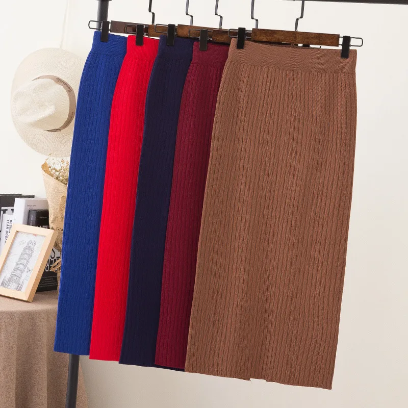 LE CELEBRE Knitting Cotton Women Pencil Skirt 2018 Solid Color Autumn OL Skirts for Lady High Waist Midi Female Red Black | Женская