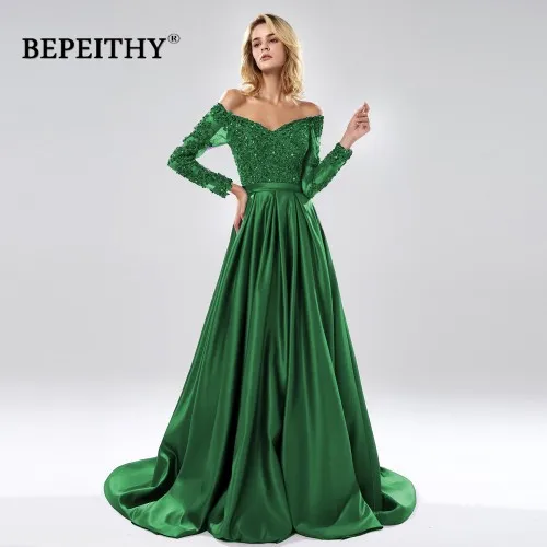 Зеленый BEPEITHY Robe De Soiree с открытыми плечами длинное вечернее платье трапециевидной формы, вечерние, элегантные,, полный рукав, фиолетовый кружевной лиф, платье для выпускного вечера - Цвет: Зеленый