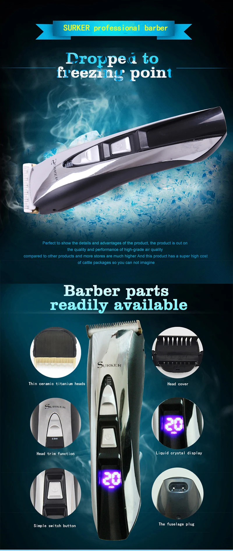 SURKER HC-575 перезаряжаемая электрическая машинка для стрижки волос Тихий триммер для волос светодиодный дисплей Электрический фейдер машинка для стрижки волос с европейской вилкой