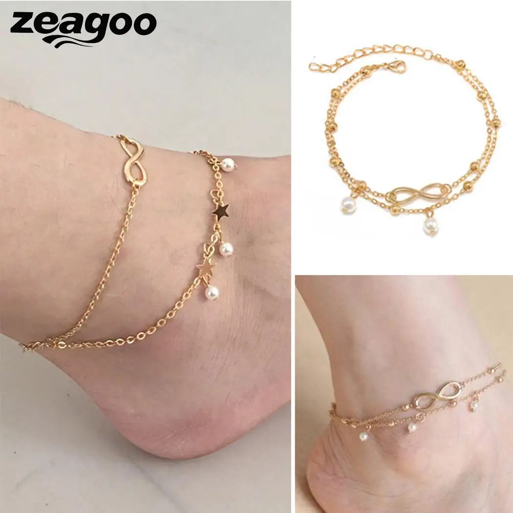Zeagoo Пластик Pearl двухслойных символ бесконечности ножной браслет для Для женщин