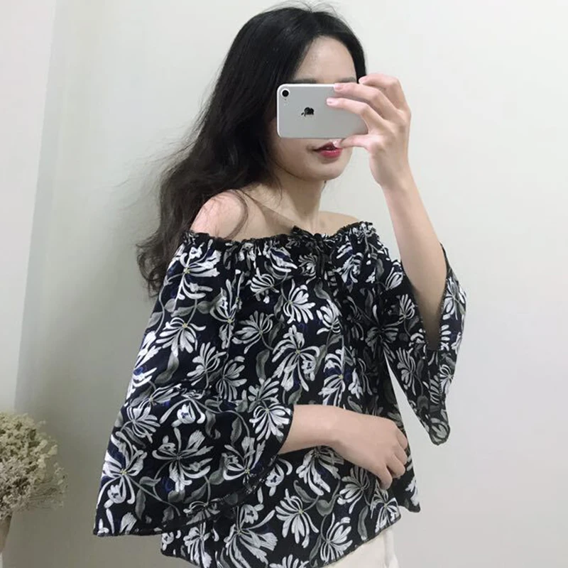 ladies tops autumn off shoulder blouse plus size blusas femininas elegante floral printing chiffon Flare Sleeve korean clothing |