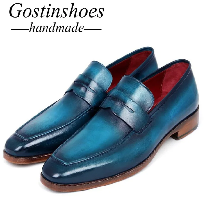 Синий GOSTINSHOES/Мужская обувь ручной работы; повседневные роскошные мужские лоферы из натуральной кожи ручной работы; цвет синий; SCT06 - Цвет: Синий