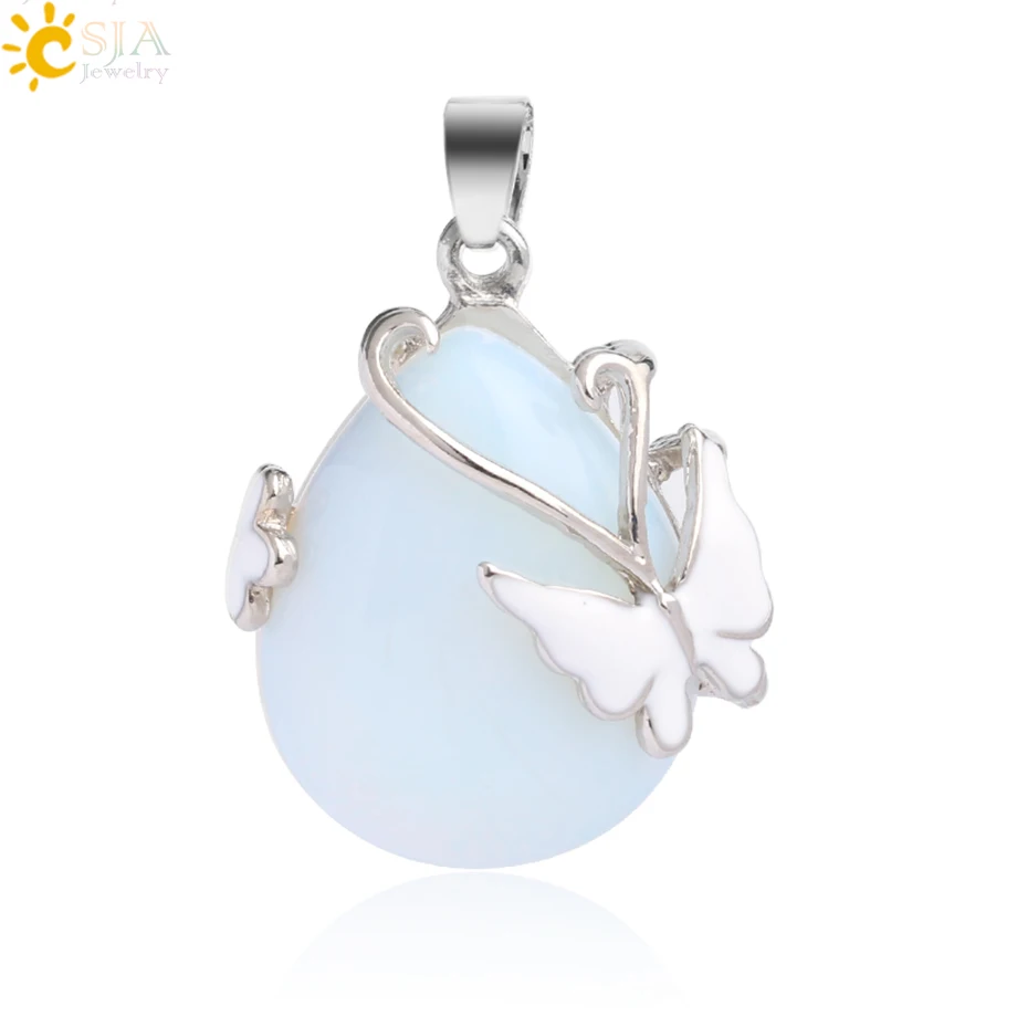 Opal CSJA капли воды натуральный камень кулон розовый кварц фиолетовый кристалл тигровый глаз бабочка цветок Подвески ожерелье для женщин мужчин G082 - Окраска металла: Opal