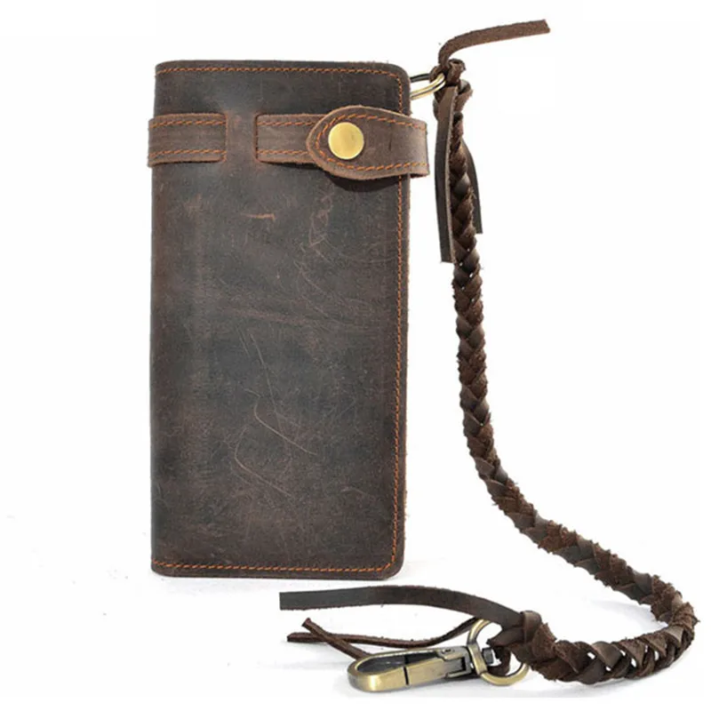 

New Crazy Horse Leather Men Wallets with Knit Chain Retro Long Purses Male Theftproof Cowhide Money Bag Coins Pocket Card Holder
