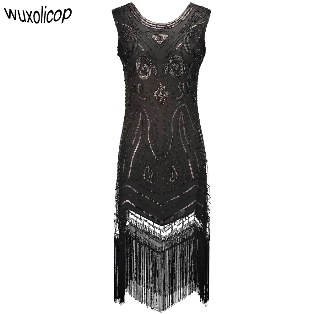 Женское черное винтажное платье Гэтсби 1920-х годов с о-образным вырезом, без рукавов, в стиле ар-нуво с пайетками, бисером и бахромой для вечеринки.