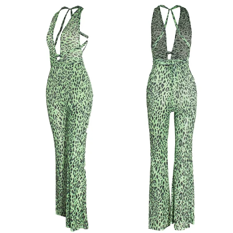 Женский сетчатый комбинезон на бретельках с леопардовым принтом | Женская одежда