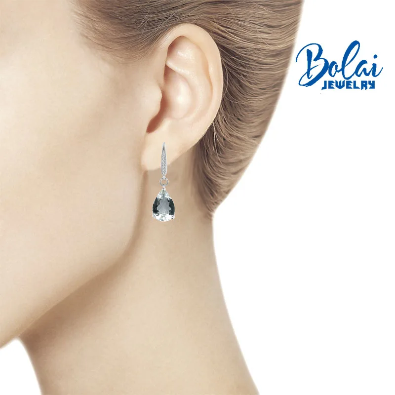 Bolaijewelry, серьги с застежкой из белого аквамарина, натуральный драгоценный камень, классический стиль, Настоящее серебро 925 пробы, хорошее ювелирное изделие для женщин, повседневная одежда