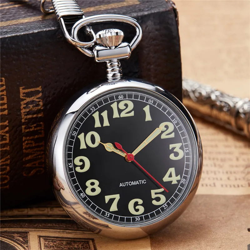 

Luxury Unique Sliver Luminous Mechanical Pocket Watch Men Women Fob Chain Exquisite Sculpture Copper Automatic Pocket Watch Gif