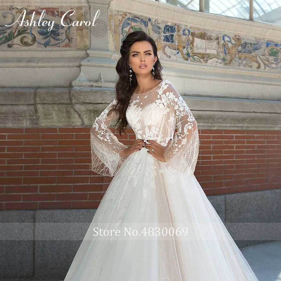 Ashley Carol Illusion эластичный длинный рукав свадебное платье с открытой спиной новое платье невесты с аппликацией со шлейфом Свадебное платье для принцессы