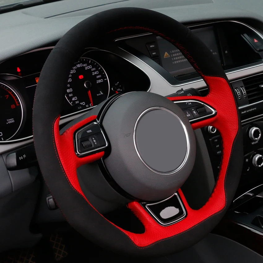 Черная замша красное кожаное рулевое колесо Крышка для Audi A1 A3 A5 A7
