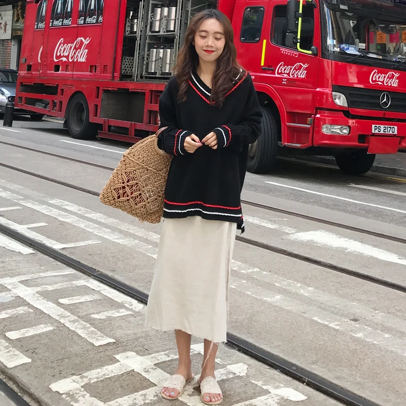 High Quality Autumn Winter Warm Sweater Women New Stripes Loose V Collar Pullover Female Vintage Long Sleeve Girl Tops | Женская одежда