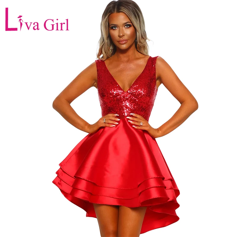 

LIVA GIRL Gorgeous Party Gold Sequin Skater Dress Women Sexy V Neck Sleeveless Club Wear Mini Dresses Red Pink Black Vestidos