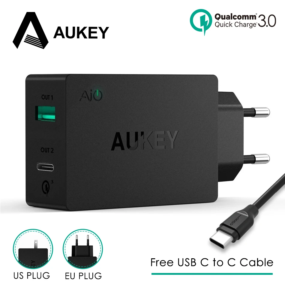 AUKEY с 2 портами (стандарт Зарядное устройство Тип C Быстрая зарядка 3 0 Портативный