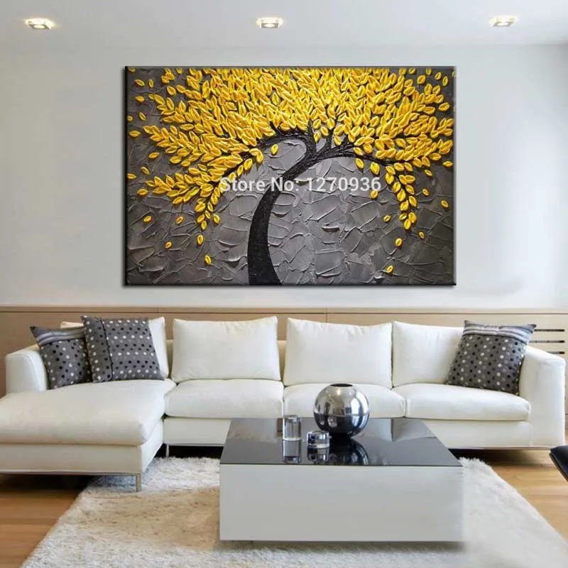 Популярный золотой пейзаж на удачу с золотым деревом ручная роспись ножом желтым