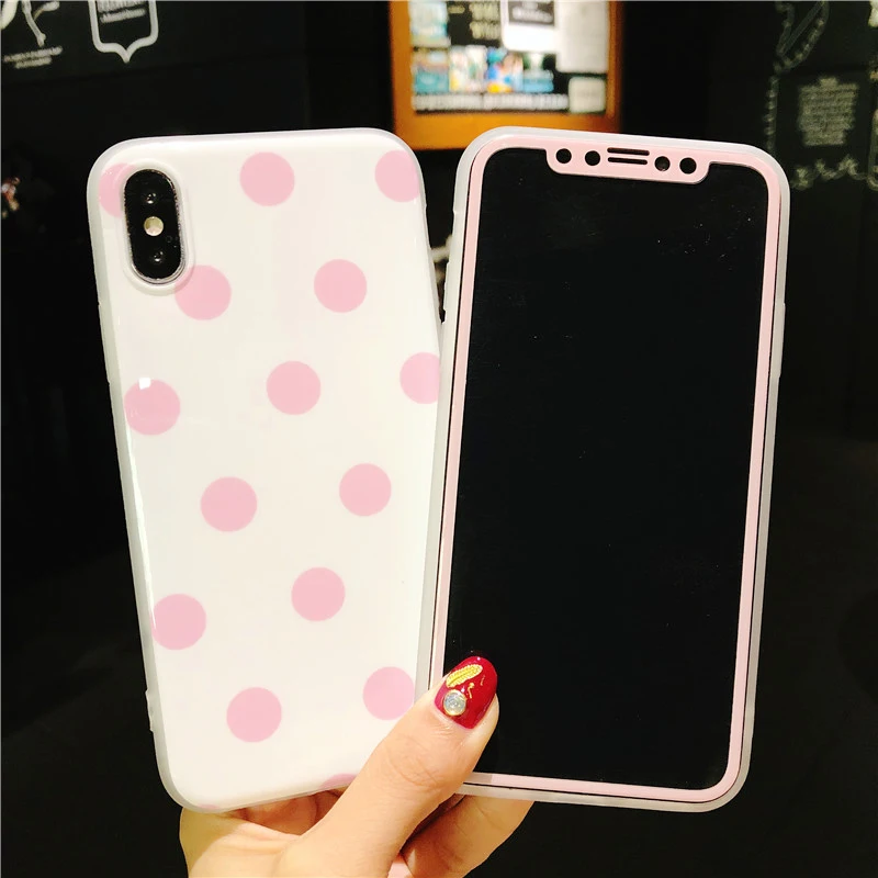 Для iPhone X элегантный горошек случаи и закаленного Стекло Экран пленка для 8 плюс 7