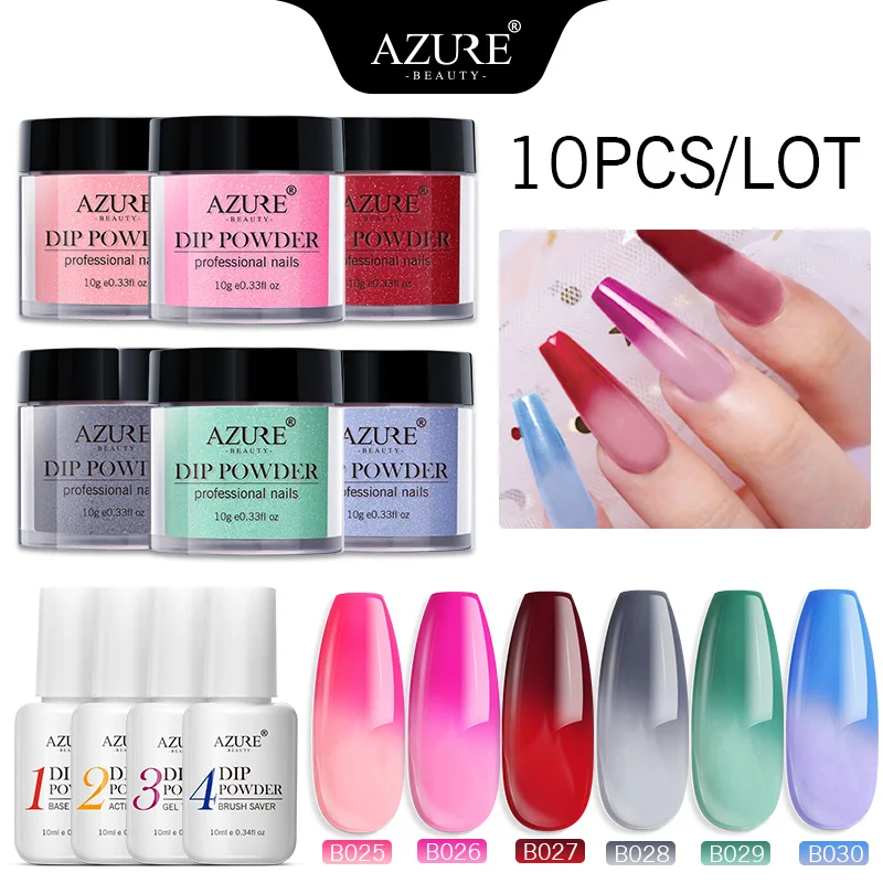 Azure beauty, 10 шт./лот, хамелеон, термо, для ногтей, Dip, пудра, для дизайна ногтей, набор пудры, натуральный, сухой, температура, погружение, пудра, основа, топ, наборы