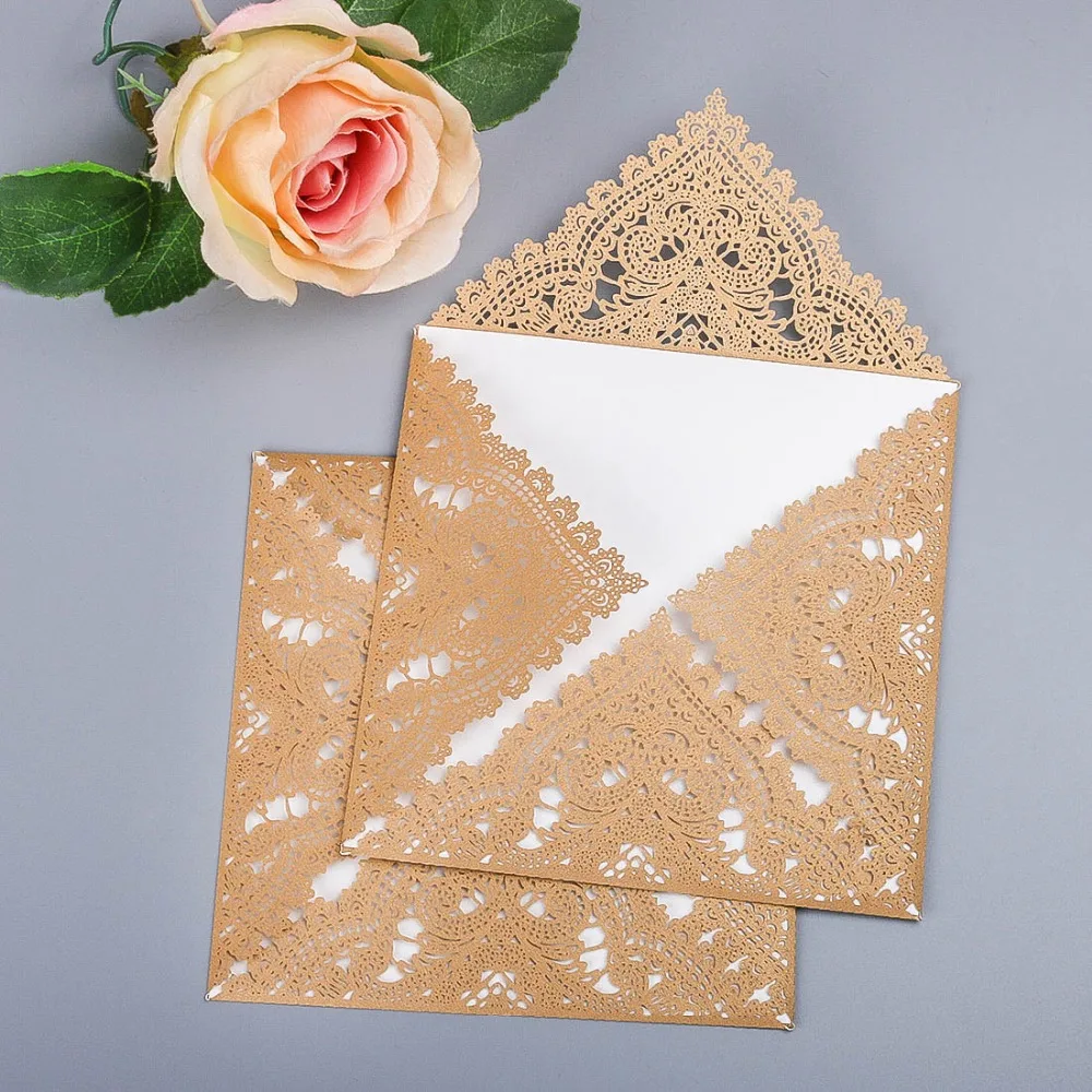 H&ampD 24pcs Vintage Wedding Invitations Cards with Laser Cut Lace Flower for Bridal Shower Party Decoration (Champagne) | Дом и сад