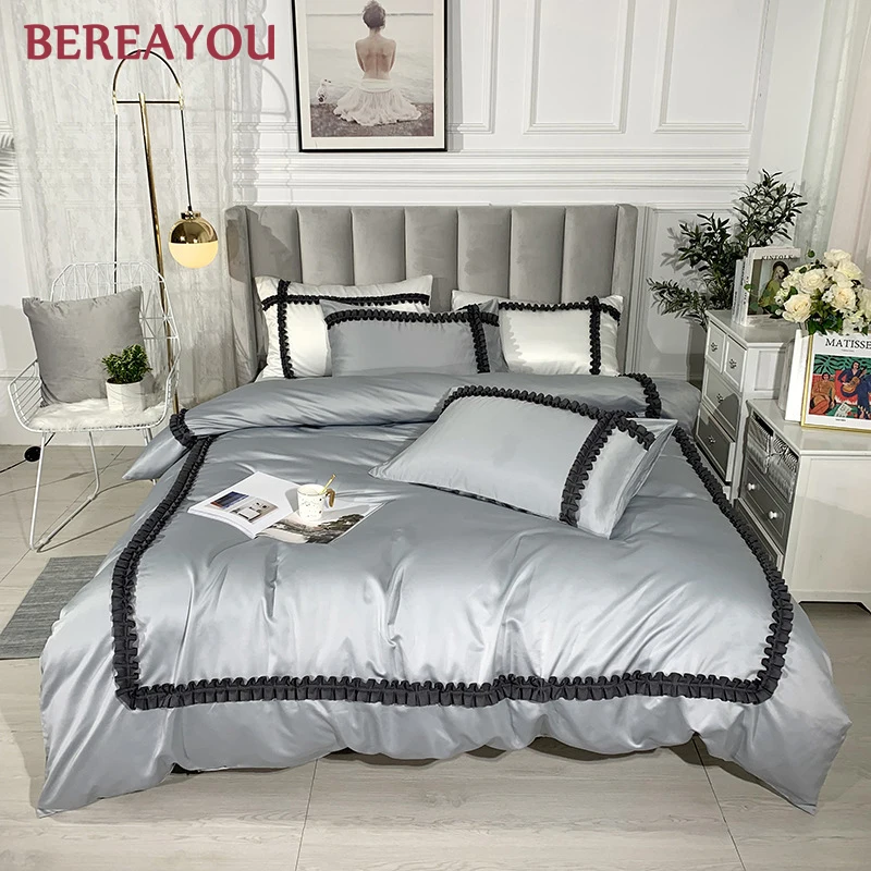 Simple Tencel Bedding Set Princess Satin Girls Flat Bed Sheet Twin Queen King Size Duvet Cover Warm Soft 3/4pcs parure de lit | Дом и сад