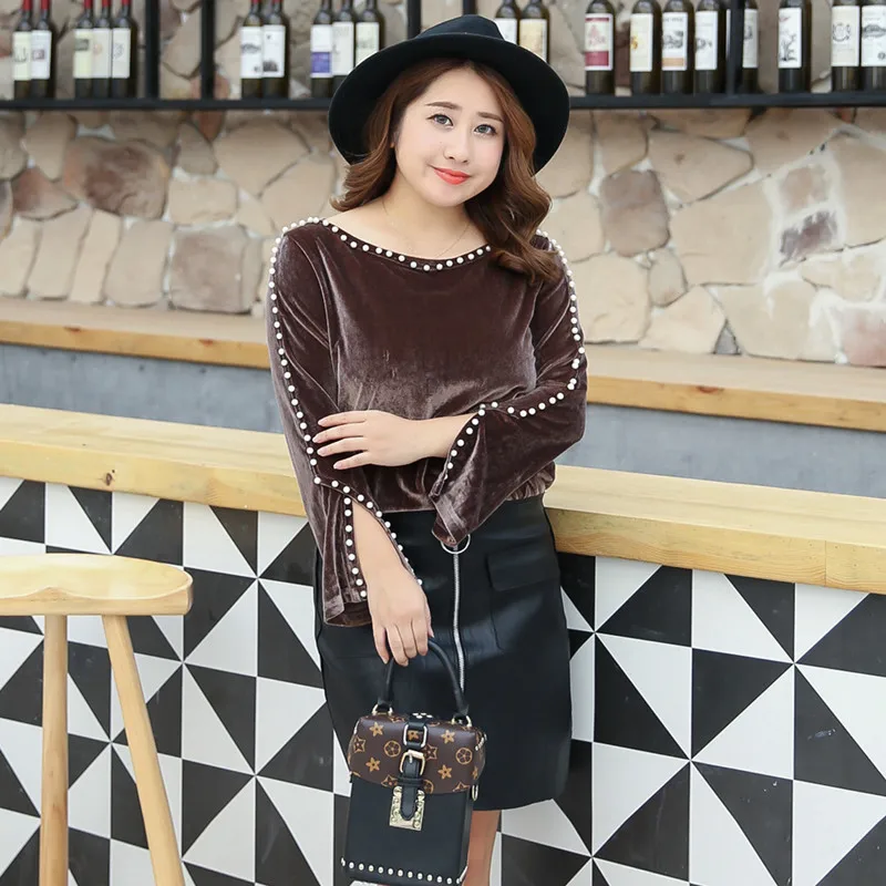Женская бархатная блузка LUO SHA с длинным рукавом и бусинами|plus size women blouse|womens tops and
