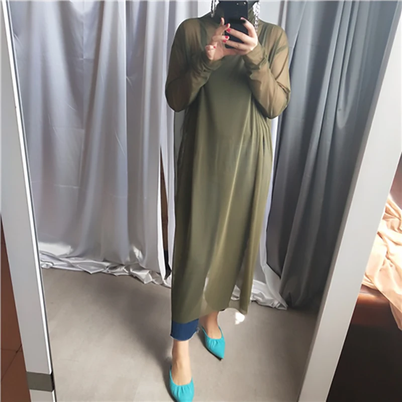 [EAM] New Autumn Winter High Collar Long Sleeve Black Mesh Perspective Colorful Long Big Size Dress Women Fashion JU790