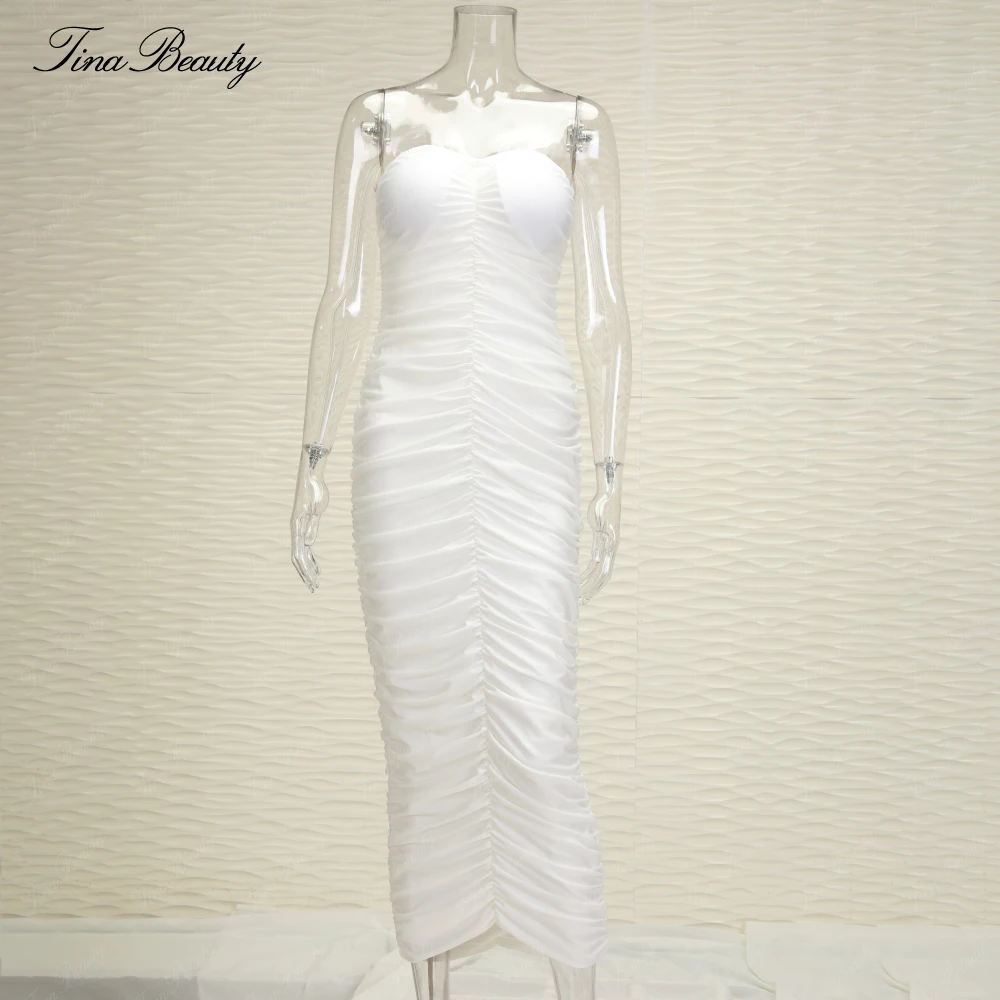 2019 рюшами Вечерние Платье без бретелек bodycon длиной по щиколотку в обтяжку стиле