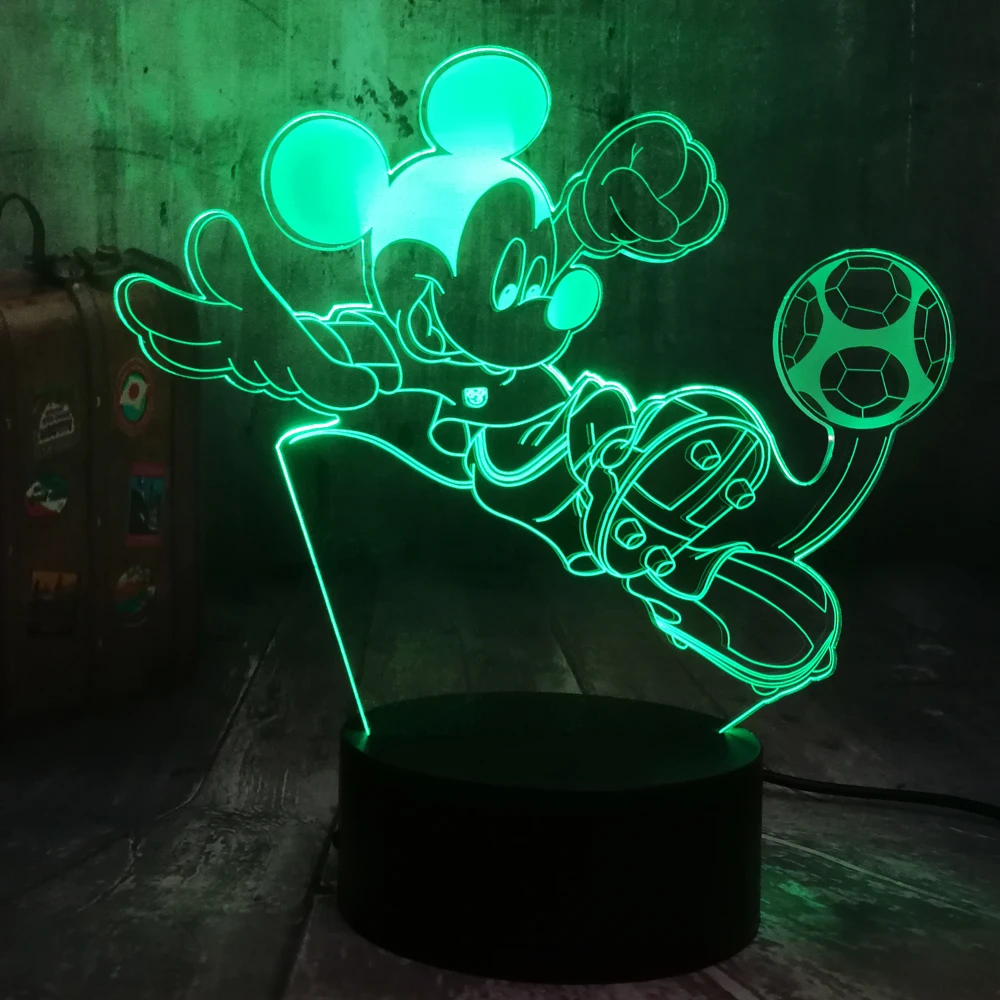 Милый Микки Маус игра в футбол 3D светодиодный ночник светильник RGB 7 цветов